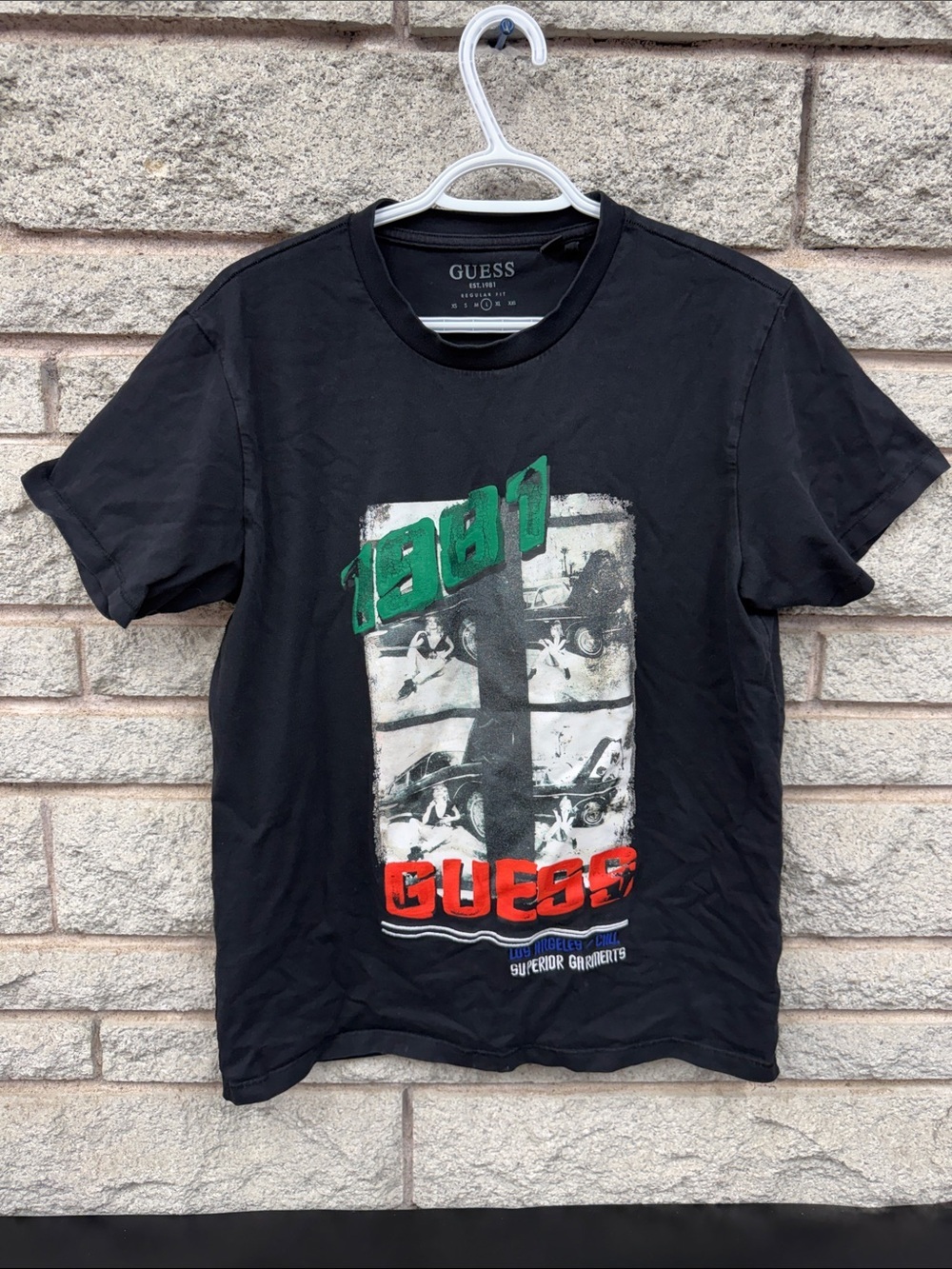 GUESS Black Graphic Tee with Green & Red Accents